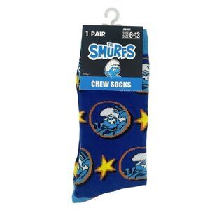 Smurfs Unisex Crew Socks Blue Yellow Stars Cartoon Style Fits Shoe Size 6–13